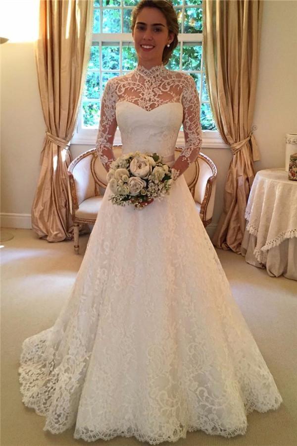 Elegant Off The Shoulder Lace Bridal Gown With Chapel Train - Landress.co.uk